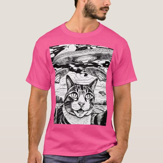 エイリアン猫おもしろいUfo猫とSF好き Tシャツ (正面)