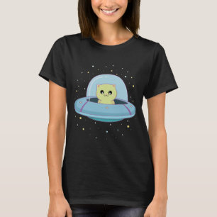 エイリアン猫飛んでいるエイリアン受け皿Tシャツ Tシャツ