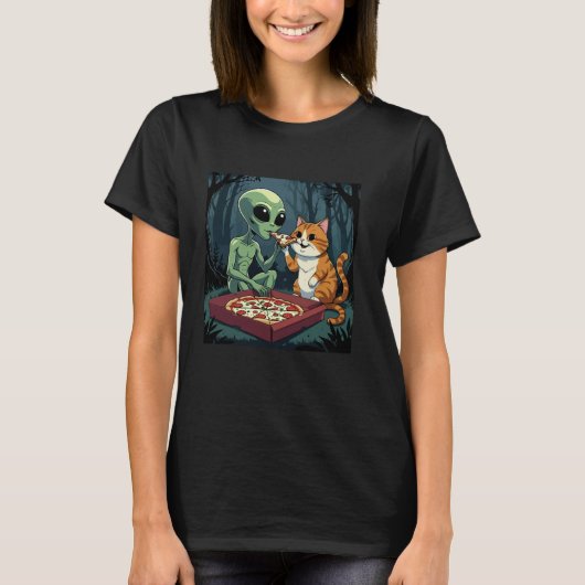 エイリアン猫食べピザ Tシャツ (正面)
