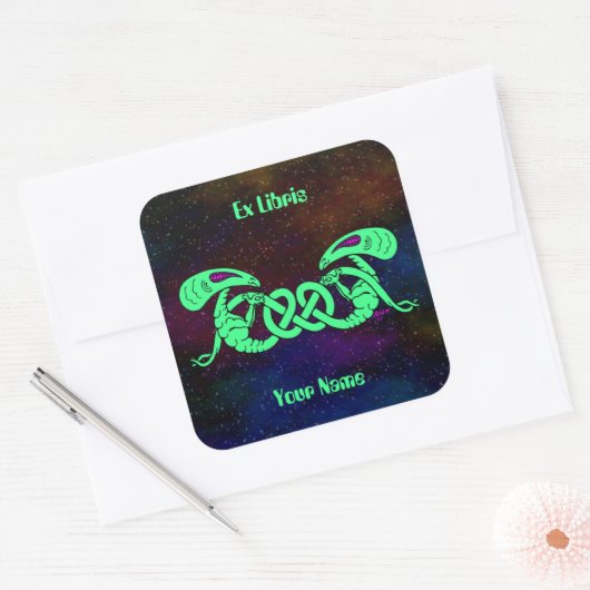 エイリアン絡み(エイリアンとケルト結び目模様)蔵書票 スクエアシール (封筒)