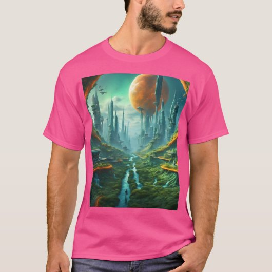 エイリアン自然&未来都市シュールレアルSFアート Tシャツ (正面)