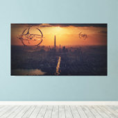 エイリアン船の市街地上空ファンタジー キャンバスプリント (インサイチュ (ウッドフロア))