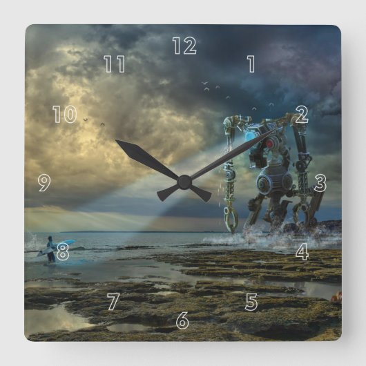 エイリアン訪問アースミートサーファー スクエア壁時計 (正面)