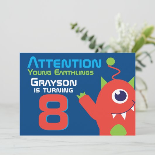 エイリアン誕生日ボーイ8thブルーオレンジの招待 招待状 (スタンド正面)