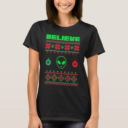 エイリアン醜いクリスマスセー信じターサンタクリスマスUF Tシャツ (正面)