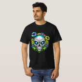 エイリアン顔&フラワーズアイアート Tシャツ (正面フル)