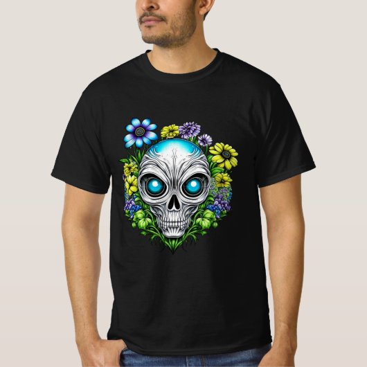 エイリアン顔&フラワーズアイアート Tシャツ (正面)