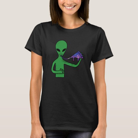 エイリアン食べの銀河系ピザのスライスおもしろい Tシャツ (正面)