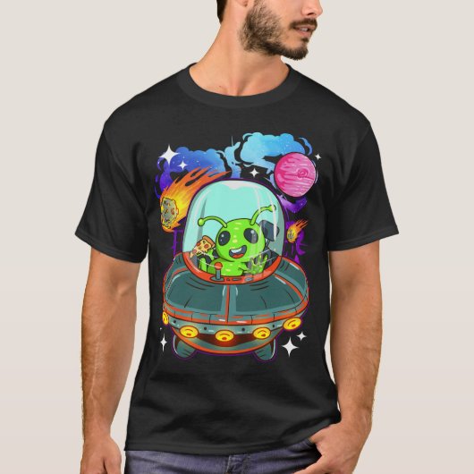 エイリアン食べ物ズのピザin宇宙船UFO恋人宇宙Tr Tシャツ (正面)