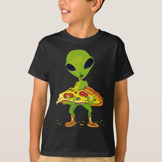 エイリアン食べ物ピザ平和おもしろい宇宙フード恋人 Tシャツ (正面)