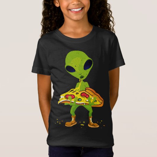エイリアン食べ物ピザ平和おもしろい宇宙フード恋人 Tシャツ (正面)
