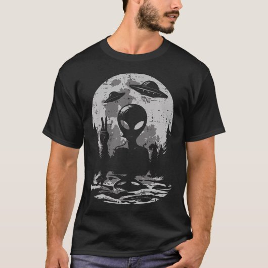 エイリアン・ピース・UFO・月・宇宙・空飛ぶ円盤 n Tシャツ (正面)