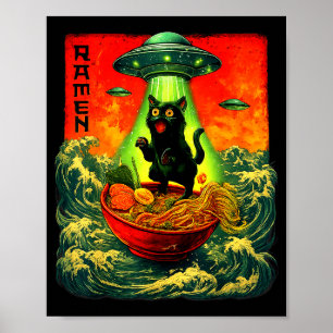 エイリアン+ラーメン+猫+UFO 日本 レトロ アート ギフト メンズ ポスター
