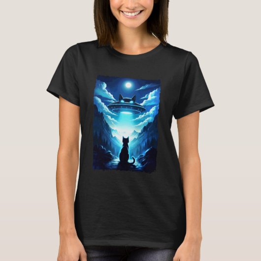エイリアン+猫+UFO+宇宙船+夜空+ファンタジー+面白い+サイエンスフィクション Tシャツ (正面)