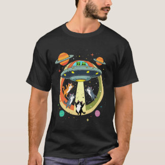 エイリアン+誘拐+ネコ+UFO+空飛ぶ円盤+宇宙+女性 Tシャツ