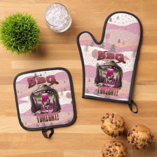 エイリアンBBQ牛の誘拐ジョーク 鍋つかみ&鍋敷きセット (トップダウン)