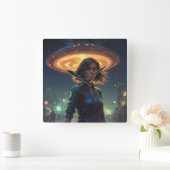 エイリアンUFOが街で少女に出会う スクエア壁時計 (ホーム)