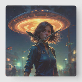 エイリアンUFOが街で少女に出会う スクエア壁時計