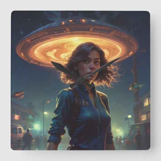 エイリアンUFOが街で少女に出会う スクエア壁時計 (正面)