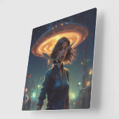 エイリアンUFOが街で少女に出会う スクエア壁時計 (傾斜)