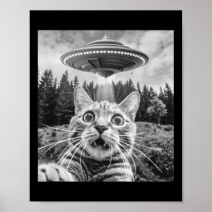 エイリアンUFOとの猫セルフィー 面白い猫 メンズ レディース ポスター