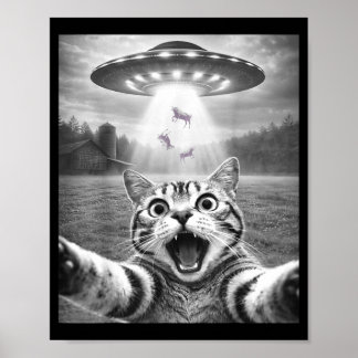 エイリアンUFOと一緒にセルフィー撮る猫 面白い猫 メンズ レディース ポスター