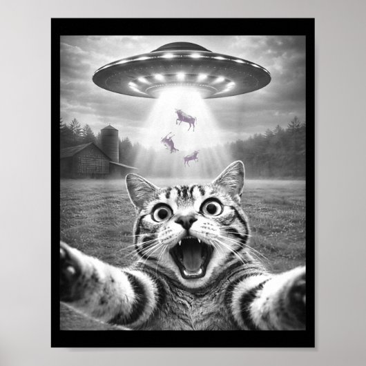 エイリアンUFOと一緒にセルフィー撮る猫 面白い猫 メンズ レディース ポスター (正面)