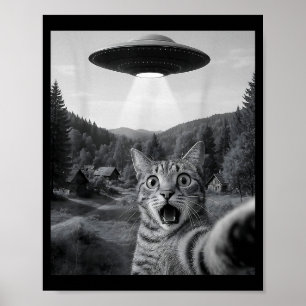 エイリアンUFOと猫のセルフィー 面白い猫 エド・シーラン風刺  ポスター