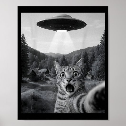 エイリアンUFOと猫のセルフィー 面白い猫 エド・シーラン風刺 ポスター (正面)