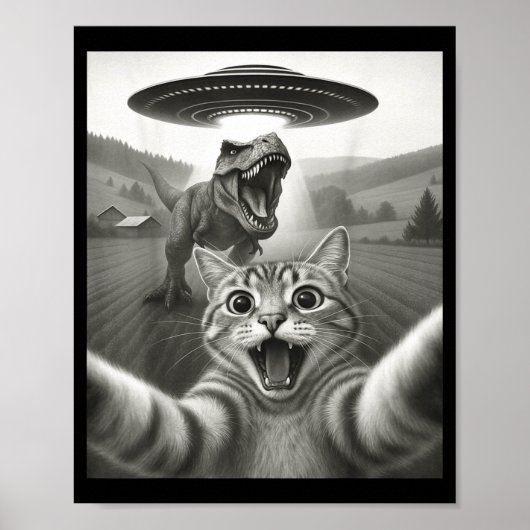 エイリアンUFOとT-レックス恐竜がいる猫の自撮り 楽しい ポスター (正面)