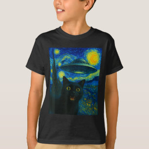 エイリアンUFOの夜のゴッホの猫の自撮り メンズ レディース Tシャツ