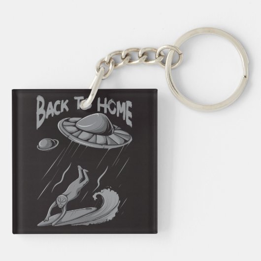エイリアンufoサーフィンイラストレーション(ホームに戻る) キーホルダー (裏面)