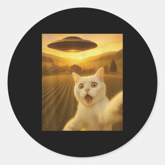 エイリアンUfo猫贈りおもしろい物の猫セルフィー男性へ ラウンドシール (正面)