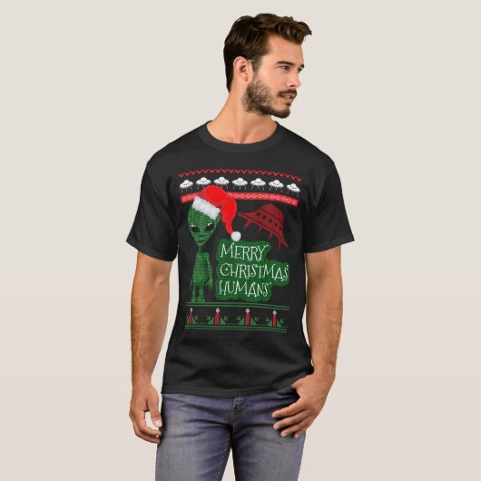 エイリアンUFO醜いクリスマスセーター編み Tシャツ (正面フル)