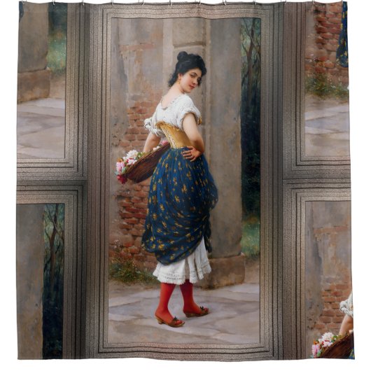 エウゲン・フォン・ブラスのバラのバスケットを持つ女性 シャワーカーテン (正面)