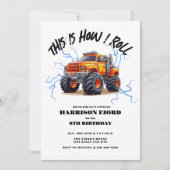 エキサイティングなオレンジモンスタートラックボーイズ誕生日パーティー 招待状 (正面)
