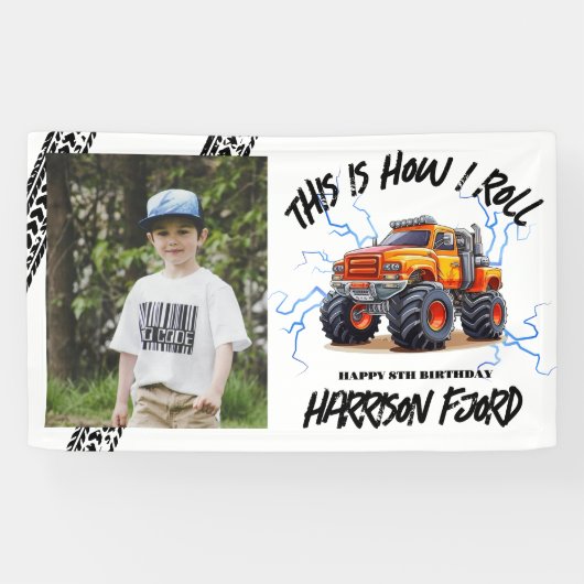 エキサイティングなオレンジモンスタートラックボーイズ誕生日パーティー 横断幕 (横)