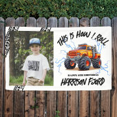 エキサイティングなオレンジモンスタートラックボーイズ誕生日パーティー 横断幕