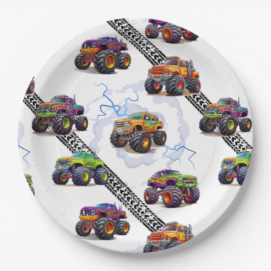 エキサイティングなキッズモンスタートラックパターン ペーパープレート (正面)