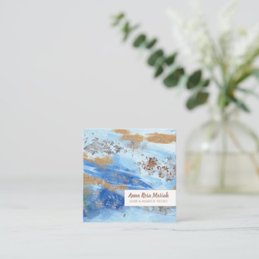 *~*エキサイティング抽象芸術水彩金ゴールドグリッター青 スクエア名刺 (スタンド正面)