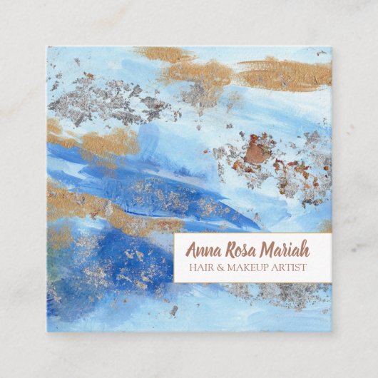 *~*エキサイティング抽象芸術水彩金ゴールドグリッター青 スクエア名刺 (正面)