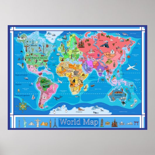 エキストララージキッド図解入りの、写真付きのの世界地図 – 53 x 40 ポスター (正面)