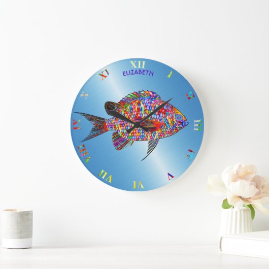 エキゾチカラフルック抽象芸術フィッシュスケッチ ラージ壁時計 (ホーム)