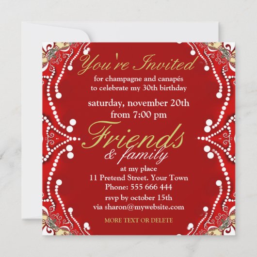 エキゾチックで赤いろうけつ染めのダマスク織のバースデーパーティ招待状 招待状 (裏面)