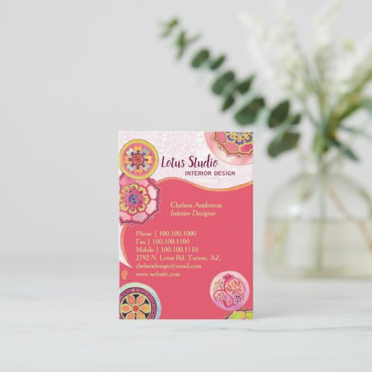 エキゾチックなアジアのロータスパターンピンク 名刺 (スタンド正面)