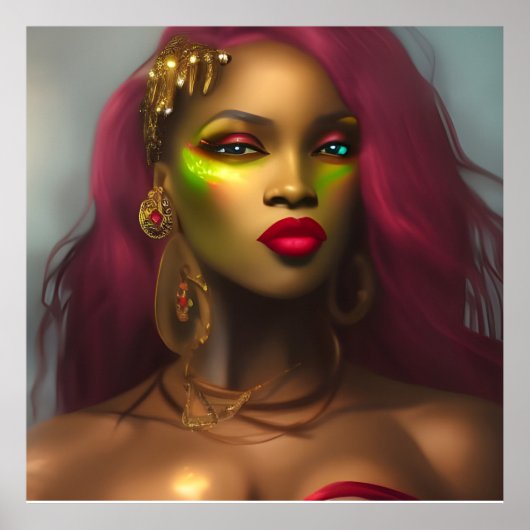 エキゾチックなアフリカの魅力的な女性の赤い唇ピンクの金ゴールド ポスター (正面)