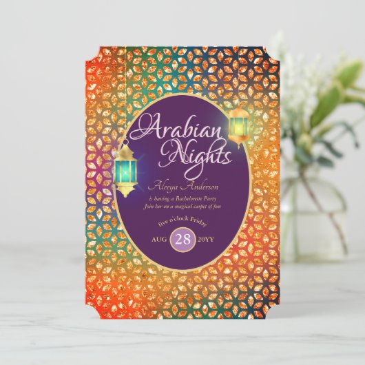 エキゾチックなアラビアンナイトパーティーストリングライトランタン 招待状 (スタンド正面)