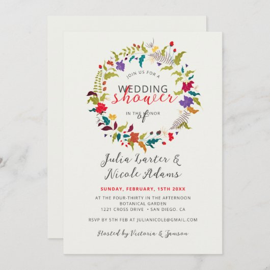 エキゾチックなウッドランドワイルドフラワーリースウェディングシャワー 招待状 (正面/裏面)