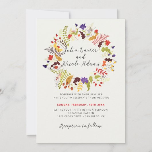 エキゾチックなウッドランドワイルドフラワーリース結婚写真 招待状 (正面)