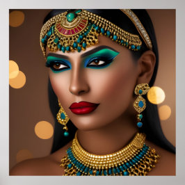 エキゾチックなエジプト金ゴールドグリーンブルー宝石の女性 ポスター